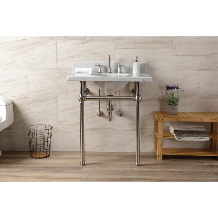 Kingston Heirloom KVBH3022M88 - Templeton 30-Inch Carrara Marble Console Sink with Brass Legs (8-Inch, 3-Hole), Carrara Marble White/Brushed Nickel