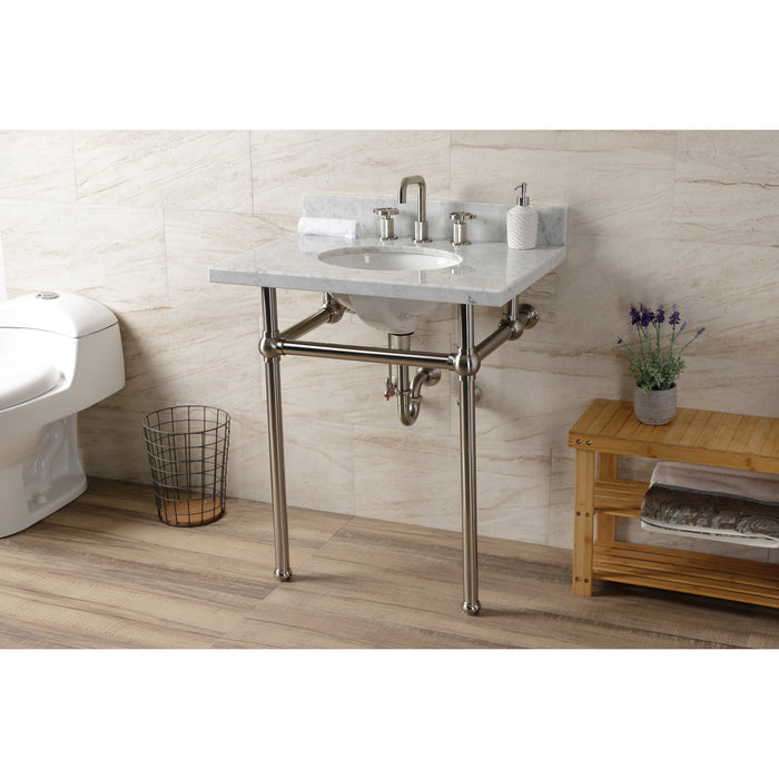 Kingston Heirloom KVBH3022M88 - Templeton 30-Inch Carrara Marble Console Sink with Brass Legs (8-Inch, 3-Hole), Carrara Marble White/Brushed Nickel