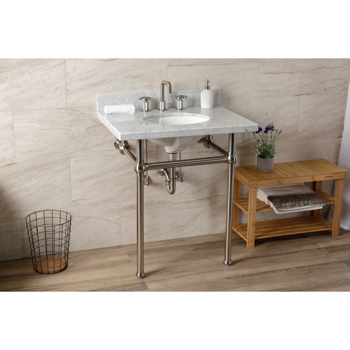 Kingston Heirloom KVBH3022M88 - Templeton 30-Inch Carrara Marble Console Sink with Brass Legs (8-Inch, 3-Hole), Carrara Marble White/Brushed Nickel