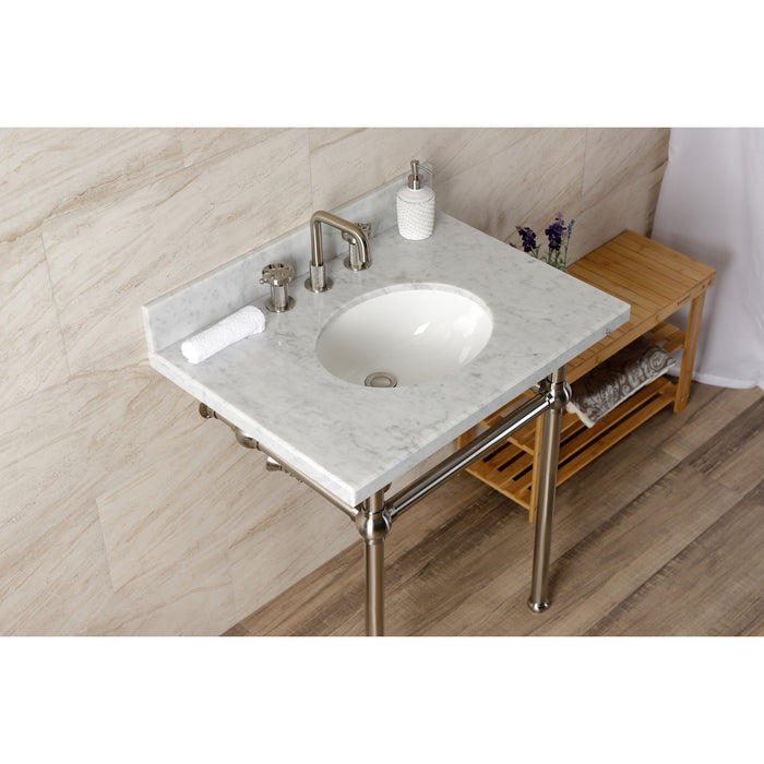 Kingston Heirloom KVBH3022M88 - Templeton 30-Inch Carrara Marble Console Sink with Brass Legs (8-Inch, 3-Hole), Carrara Marble White/Brushed Nickel