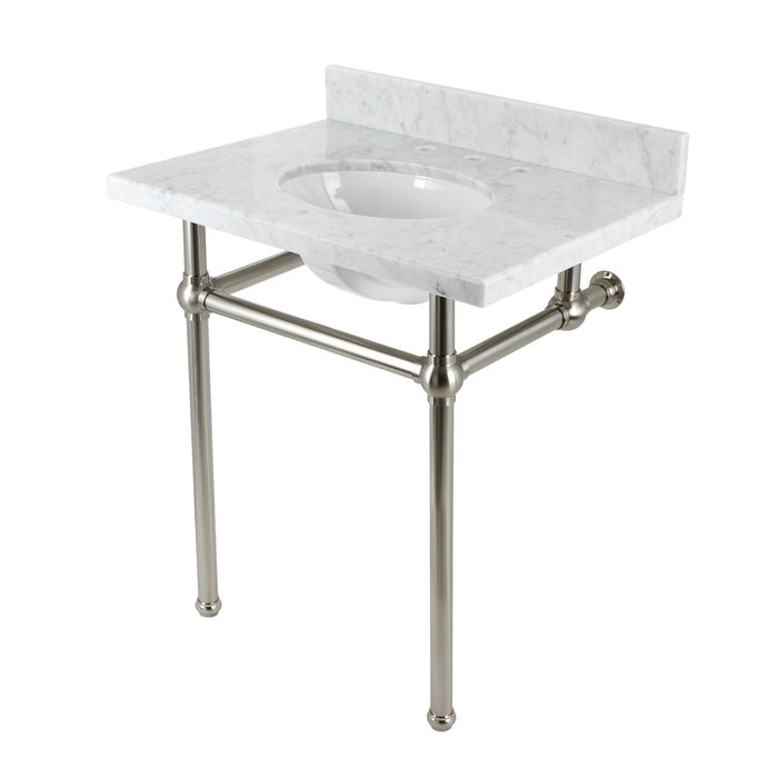 Kingston Heirloom KVBH3022M88 - Templeton 30-Inch Carrara Marble Console Sink with Brass Legs (8-Inch, 3-Hole), Carrara Marble White/Brushed Nickel