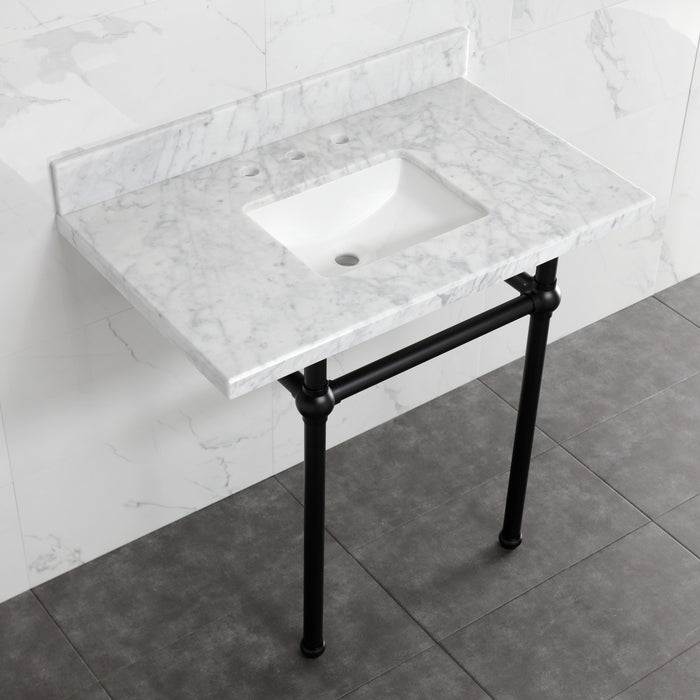 Kingston Heirloom KVBH3022M8SQ0 - Templeton 30-Inch Carrara Marble Console Sink with Brass Legs (8-Inch, 3-Hole), Carrara Marble White/Matte Black