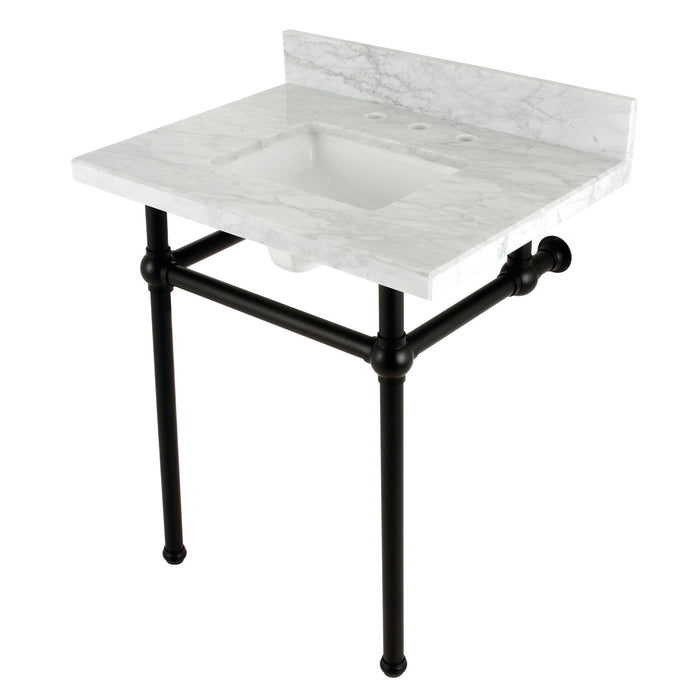 Kingston Heirloom KVBH3022M8SQ0 - Templeton 30-Inch Carrara Marble Console Sink with Brass Legs (8-Inch, 3-Hole), Carrara Marble White/Matte Black