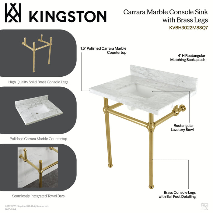 Kingston Heirloom KVBH3022M8SQ1 - Templeton 30-Inch Carrara Marble Console Sink with Brass Legs (8-Inch, 3-Hole), Carrara Marble White/Polished Chrome