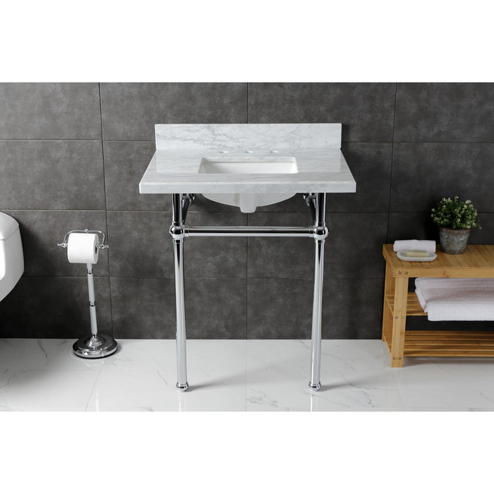 Kingston Heirloom KVBH3022M8SQ1 - Templeton 30-Inch Carrara Marble Console Sink with Brass Legs (8-Inch, 3-Hole), Carrara Marble White/Polished Chrome