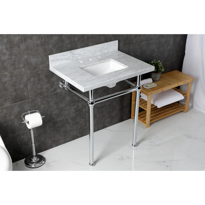 Kingston Heirloom KVBH3022M8SQ1 - Templeton 30-Inch Carrara Marble Console Sink with Brass Legs (8-Inch, 3-Hole), Carrara Marble White/Polished Chrome
