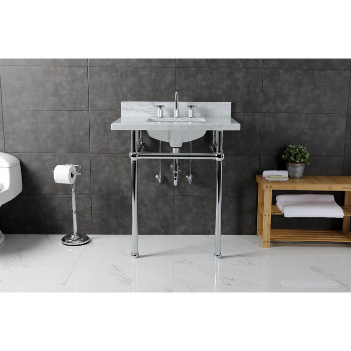 Kingston Heirloom KVBH3022M8SQ1 - Templeton 30-Inch Carrara Marble Console Sink with Brass Legs (8-Inch, 3-Hole), Carrara Marble White/Polished Chrome