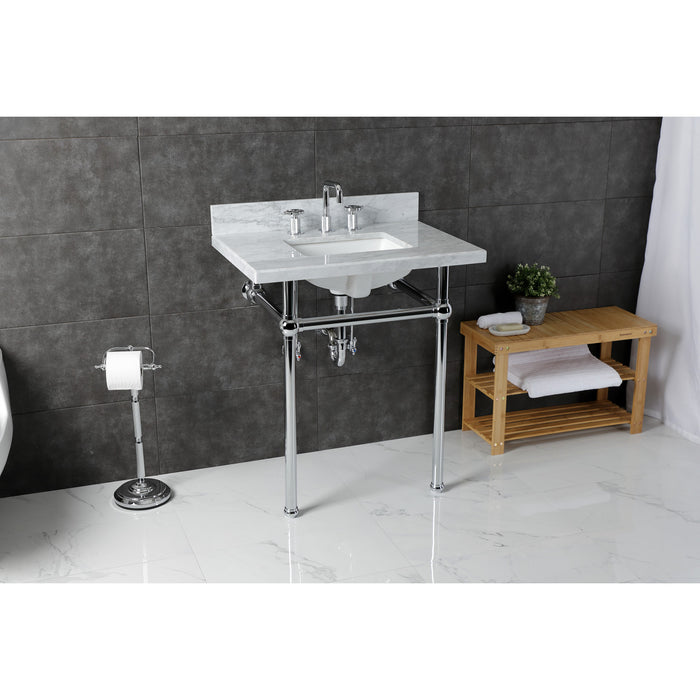 Kingston Heirloom KVBH3022M8SQ1 - Templeton 30-Inch Carrara Marble Console Sink with Brass Legs (8-Inch, 3-Hole), Carrara Marble White/Polished Chrome