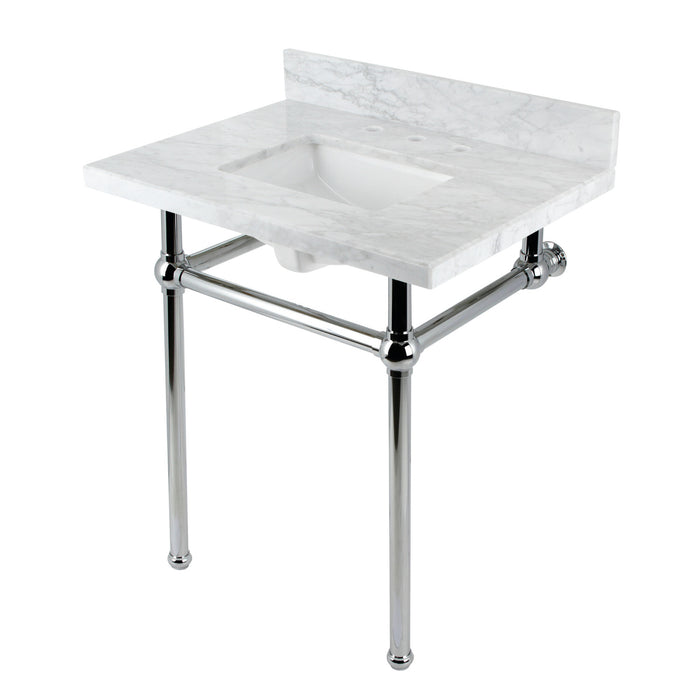Kingston Heirloom KVBH3022M8SQ1 - Templeton 30-Inch Carrara Marble Console Sink with Brass Legs (8-Inch, 3-Hole), Carrara Marble White/Polished Chrome