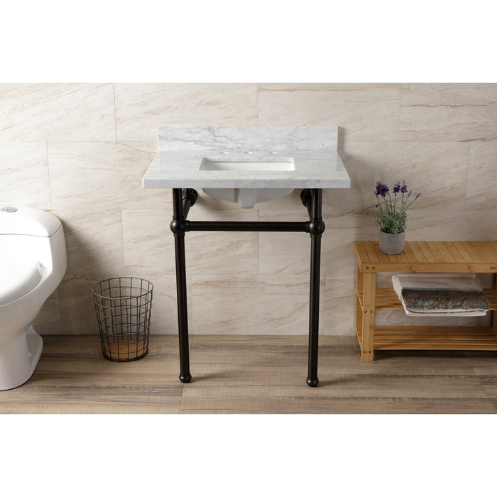 Kingston Heirloom KVBH3022M8SQ5 - Templeton 30-Inch Carrara Marble Console Sink with Brass Legs (8-Inch, 3-Hole), Carrara Marble White/Oil Rubbed Bronze