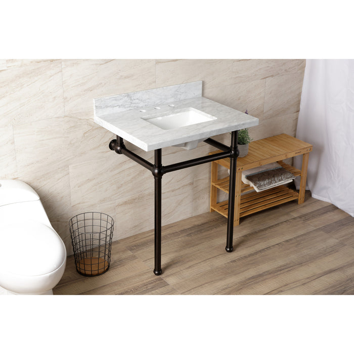 Kingston Heirloom KVBH3022M8SQ5 - Templeton 30-Inch Carrara Marble Console Sink with Brass Legs (8-Inch, 3-Hole), Carrara Marble White/Oil Rubbed Bronze