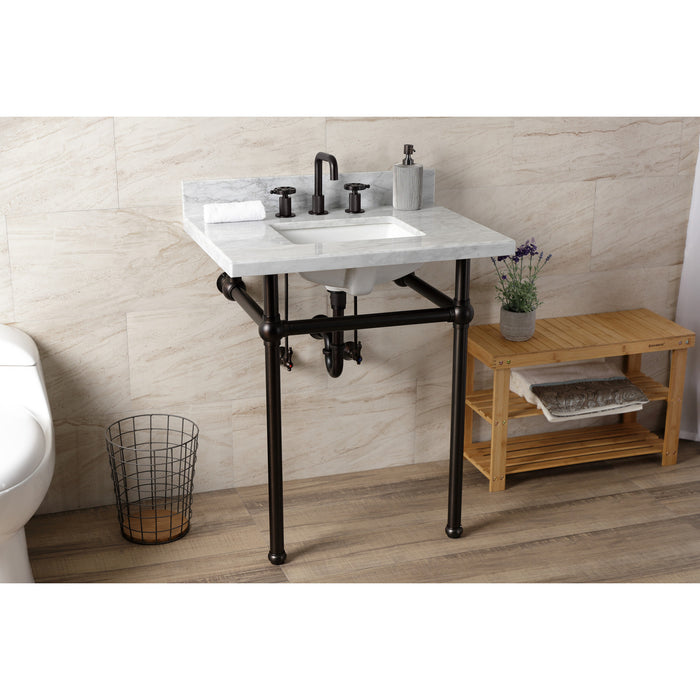 Kingston Heirloom KVBH3022M8SQ5 - Templeton 30-Inch Carrara Marble Console Sink with Brass Legs (8-Inch, 3-Hole), Carrara Marble White/Oil Rubbed Bronze
