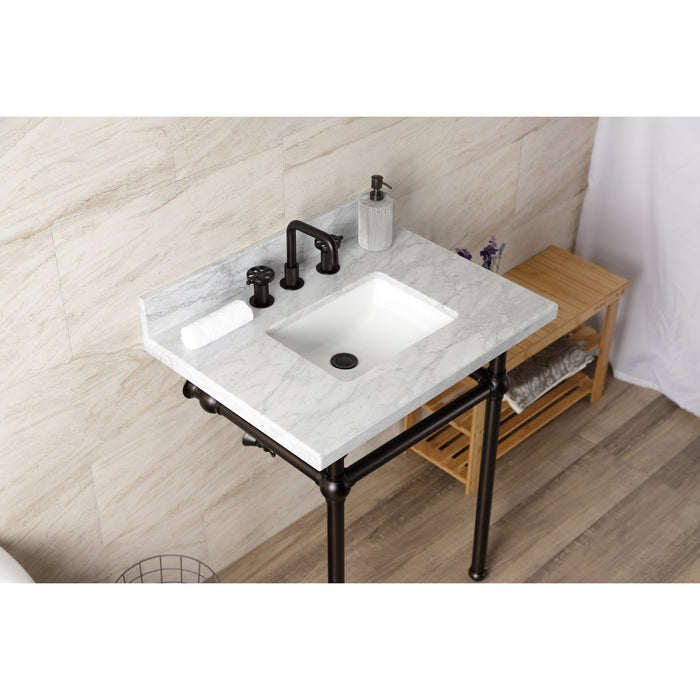 Kingston Heirloom KVBH3022M8SQ5 - Templeton 30-Inch Carrara Marble Console Sink with Brass Legs (8-Inch, 3-Hole), Carrara Marble White/Oil Rubbed Bronze