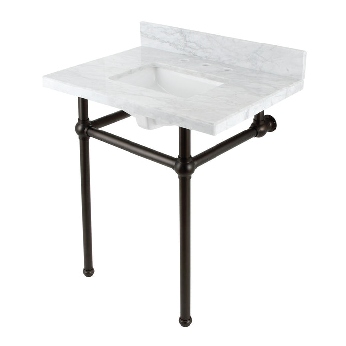 Kingston Heirloom KVBH3022M8SQ5 - Templeton 30-Inch Carrara Marble Console Sink with Brass Legs (8-Inch, 3-Hole), Carrara Marble White/Oil Rubbed Bronze