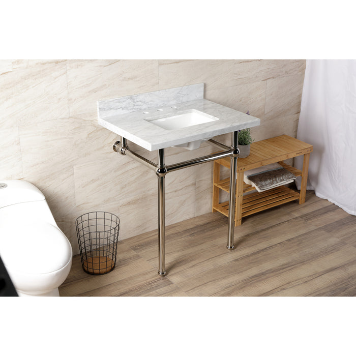 Kingston Heirloom KVBH3022M8SQ6 - Templeton 30-Inch Carrara Marble Console Sink with Brass Legs (8-Inch, 3-Hole), Carrara Marble White/Polished Nickel