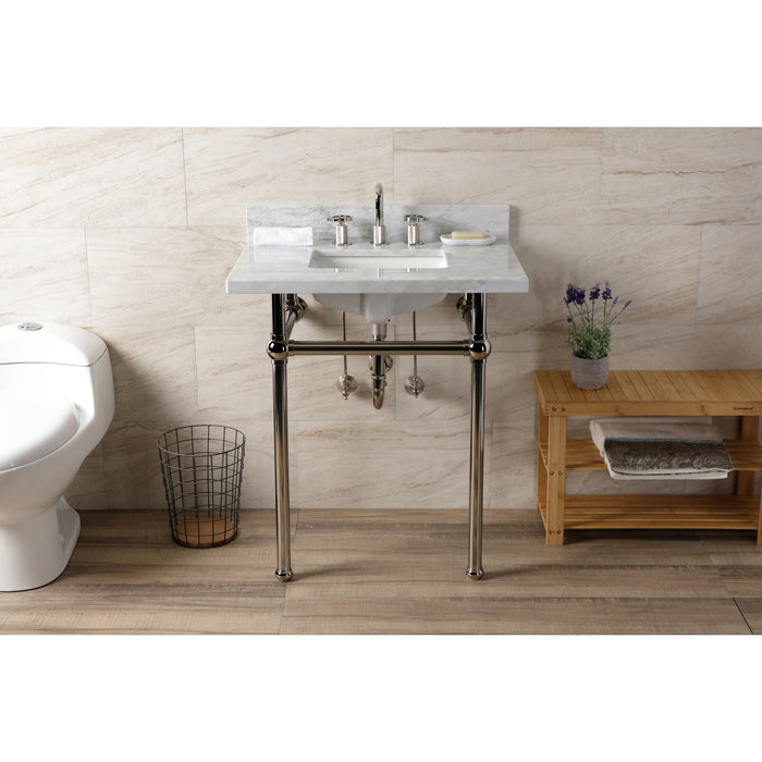 Kingston Heirloom KVBH3022M8SQ6 - Templeton 30-Inch Carrara Marble Console Sink with Brass Legs (8-Inch, 3-Hole), Carrara Marble White/Polished Nickel