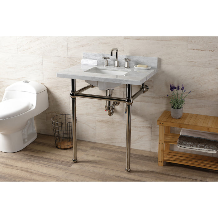 Kingston Heirloom KVBH3022M8SQ6 - Templeton 30-Inch Carrara Marble Console Sink with Brass Legs (8-Inch, 3-Hole), Carrara Marble White/Polished Nickel