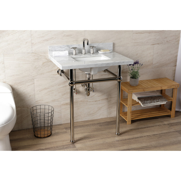 Kingston Heirloom KVBH3022M8SQ6 - Templeton 30-Inch Carrara Marble Console Sink with Brass Legs (8-Inch, 3-Hole), Carrara Marble White/Polished Nickel