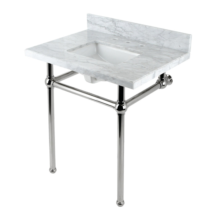 Kingston Heirloom KVBH3022M8SQ6 - Templeton 30-Inch Carrara Marble Console Sink with Brass Legs (8-Inch, 3-Hole), Carrara Marble White/Polished Nickel