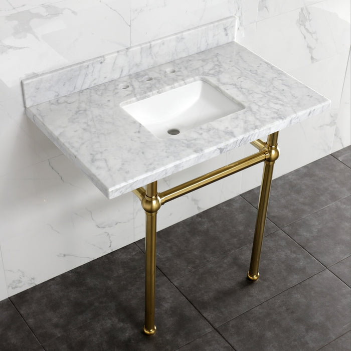 Kingston Heirloom KVBH3022M8SQ7 - Templeton 30-Inch Carrara Marble Console Sink with Brass Legs (8-Inch, 3-Hole), Carrara Marble White/Brushed Brass