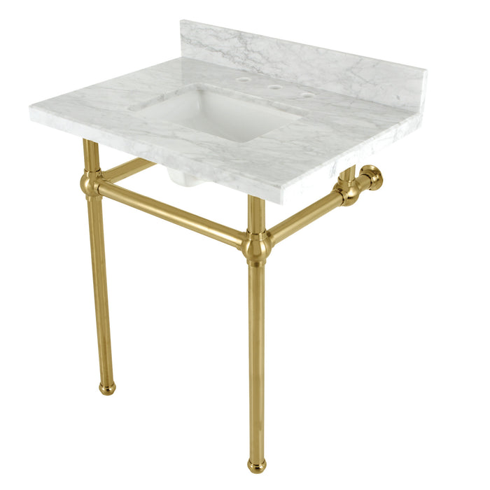 Kingston Heirloom KVBH3022M8SQ7 - Templeton 30-Inch Carrara Marble Console Sink with Brass Legs (8-Inch, 3-Hole), Carrara Marble White/Brushed Brass