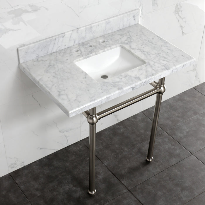 Kingston Heirloom KVBH3022M8SQ8 - Templeton 30-Inch Carrara Marble Console Sink with Brass Legs (8-Inch, 3-Hole), Carrara Marble White/Brushed Nickel