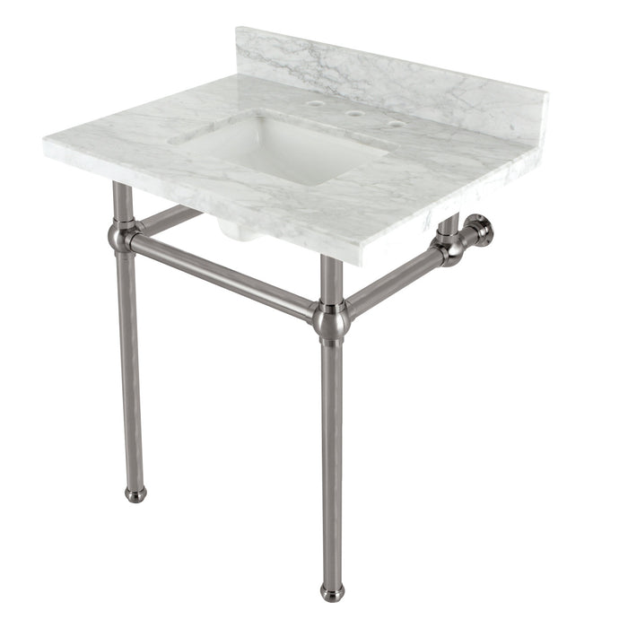 Kingston Heirloom KVBH3022M8SQ8 - Templeton 30-Inch Carrara Marble Console Sink with Brass Legs (8-Inch, 3-Hole), Carrara Marble White/Brushed Nickel