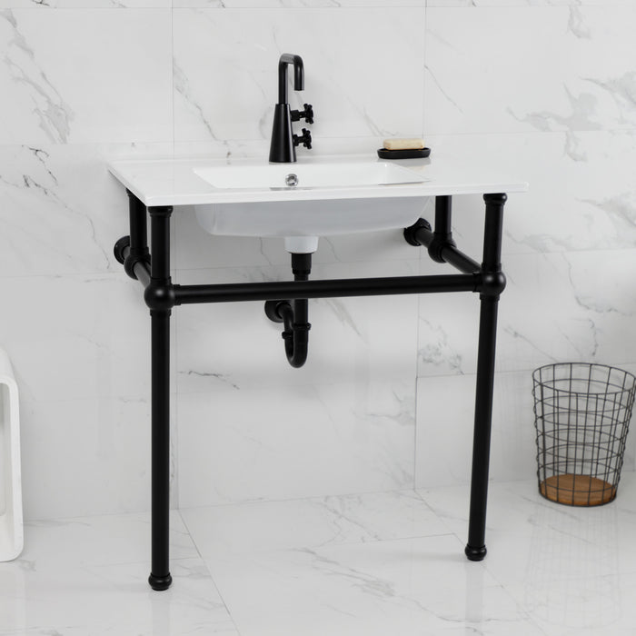 Kingston Heirloom KVBH312270 - Templeton 31-Inch Ceramic Console Sink with Brass Legs (1-Hole), White/Matte Black