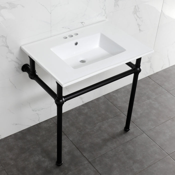 Kingston Heirloom KVBH31227W4B0 - Templeton 31-Inch Ceramic Console Sink with Brass Legs (4-Inch, 3-Hole), White/Matte Black