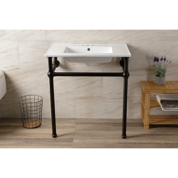 Kingston Heirloom KVBH31227W4B5 - Templeton 31-Inch Ceramic Console Sink with Brass Legs (8-Inch, 3-Hole), White/Oil Rubbed Bronze