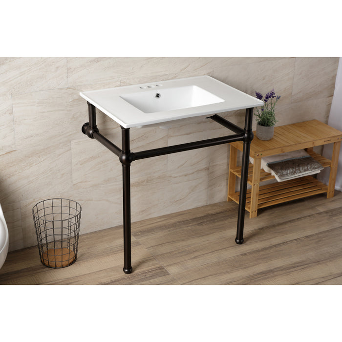 Kingston Heirloom KVBH31227W4B5 - Templeton 31-Inch Ceramic Console Sink with Brass Legs (8-Inch, 3-Hole), White/Oil Rubbed Bronze