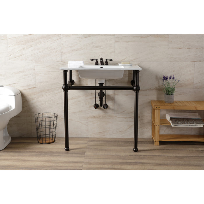 Kingston Heirloom KVBH31227W4B5 - Templeton 31-Inch Ceramic Console Sink with Brass Legs (8-Inch, 3-Hole), White/Oil Rubbed Bronze