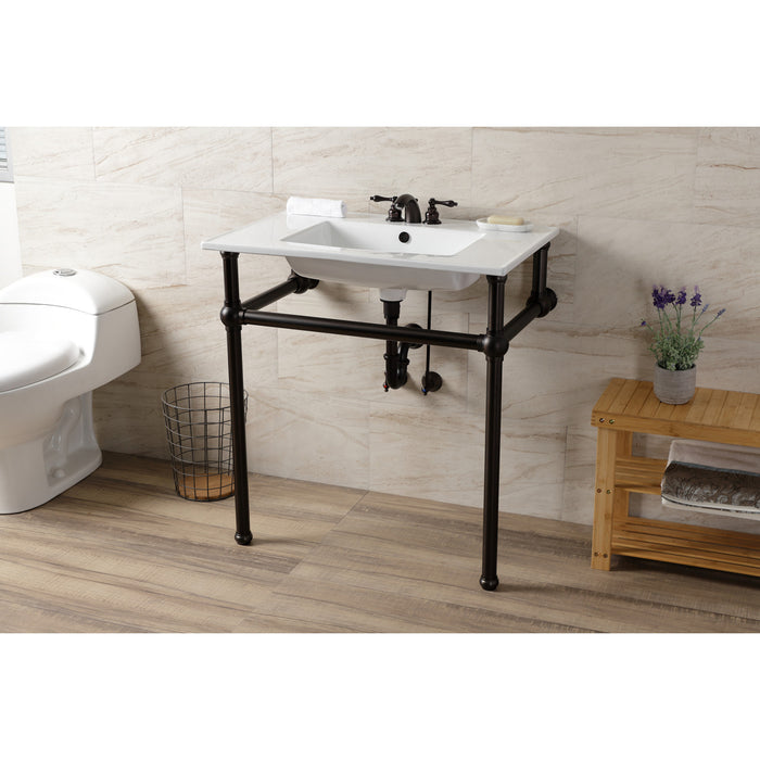 Kingston Heirloom KVBH31227W4B5 - Templeton 31-Inch Ceramic Console Sink with Brass Legs (8-Inch, 3-Hole), White/Oil Rubbed Bronze