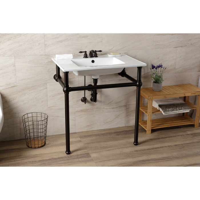 Kingston Heirloom KVBH31227W4B5 - Templeton 31-Inch Ceramic Console Sink with Brass Legs (8-Inch, 3-Hole), White/Oil Rubbed Bronze