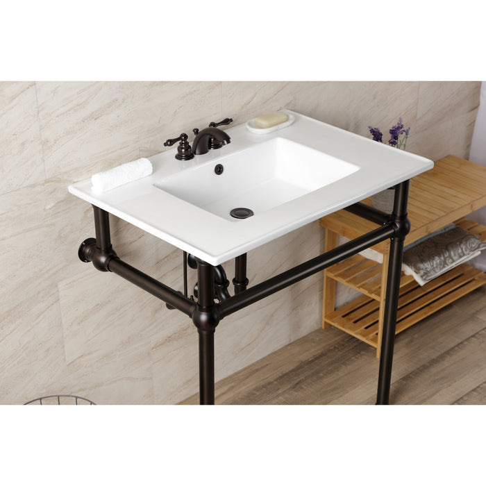 Kingston Heirloom KVBH31227W4B5 - Templeton 31-Inch Ceramic Console Sink with Brass Legs (8-Inch, 3-Hole), White/Oil Rubbed Bronze