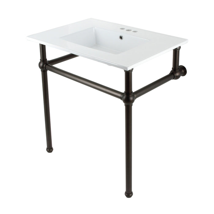 Kingston Heirloom KVBH31227W4B5 - Templeton 31-Inch Ceramic Console Sink with Brass Legs (8-Inch, 3-Hole), White/Oil Rubbed Bronze