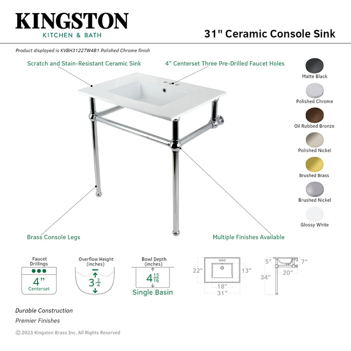 Kingston Heirloom KVBH31227W4B8 - Templeton 31-Inch Ceramic Console Sink with Brass Legs (4-Inch, 3-Hole), White/Brushed Nickel
