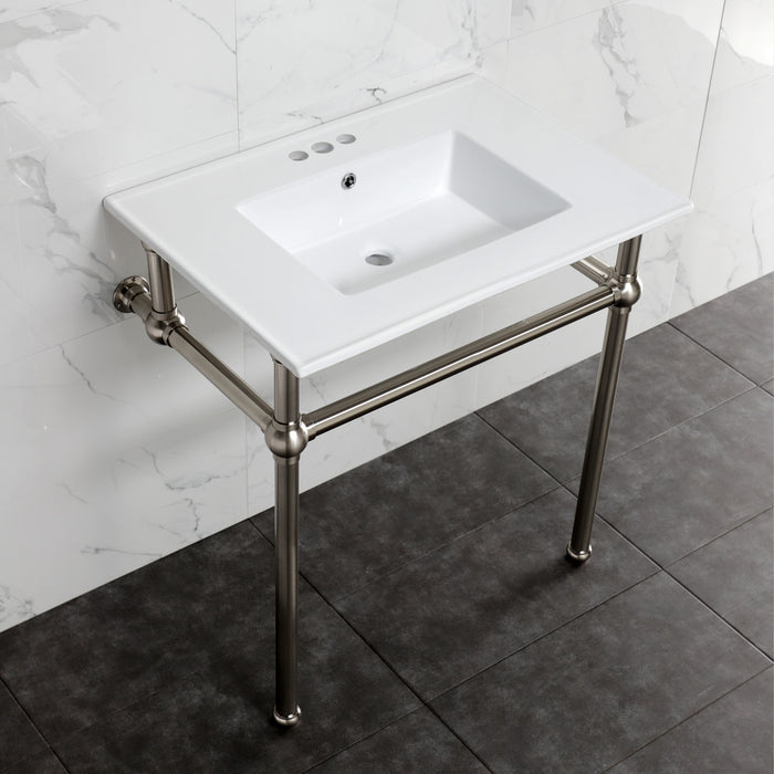 Kingston Heirloom KVBH31227W4B8 - Templeton 31-Inch Ceramic Console Sink with Brass Legs (4-Inch, 3-Hole), White/Brushed Nickel