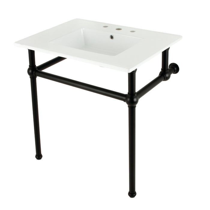 Kingston Heirloom KVBH31227W8B0 - Templeton 31-Inch Ceramic Console Sink with Brass Legs (8-Inch, 3-Hole), White/Matte Black