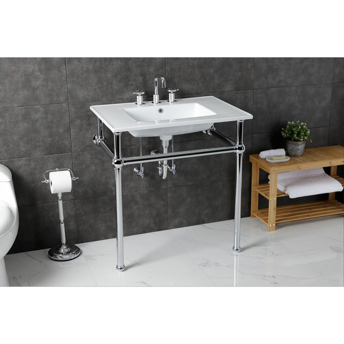 Kingston Heirloom KVBH31227W8B1 - Templeton 31-Inch Ceramic Console Sink with Brass Legs (8-Inch, 3-Hole), White/Polished Chrome