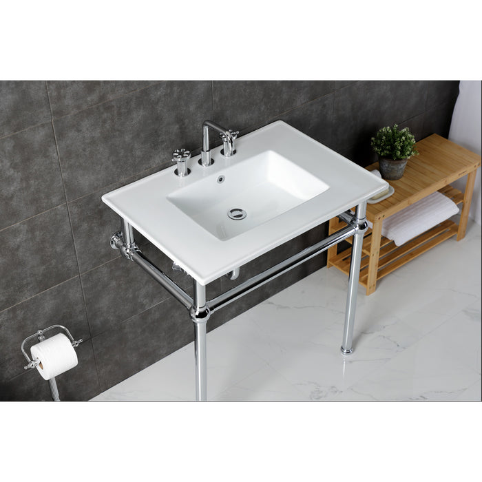 Kingston Heirloom KVBH31227W8B1 - Templeton 31-Inch Ceramic Console Sink with Brass Legs (8-Inch, 3-Hole), White/Polished Chrome