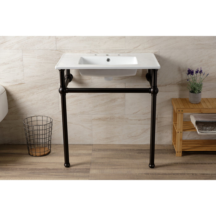 Kingston Heirloom KVBH31227W8B5 - Templeton 31-Inch Ceramic Console Sink with Brass Legs (8-Inch, 3-Hole), White/Oil Rubbed Bronze