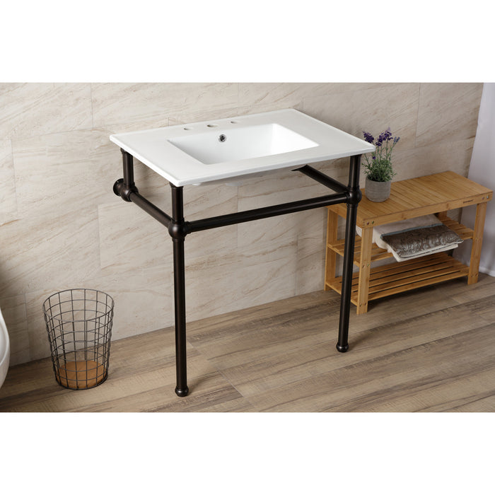 Kingston Heirloom KVBH31227W8B5 - Templeton 31-Inch Ceramic Console Sink with Brass Legs (8-Inch, 3-Hole), White/Oil Rubbed Bronze