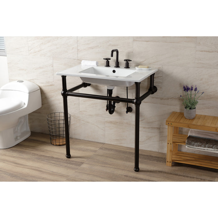 Kingston Heirloom KVBH31227W8B5 - Templeton 31-Inch Ceramic Console Sink with Brass Legs (8-Inch, 3-Hole), White/Oil Rubbed Bronze