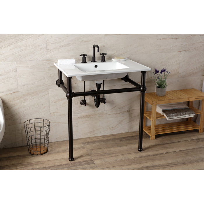 Kingston Heirloom KVBH31227W8B5 - Templeton 31-Inch Ceramic Console Sink with Brass Legs (8-Inch, 3-Hole), White/Oil Rubbed Bronze