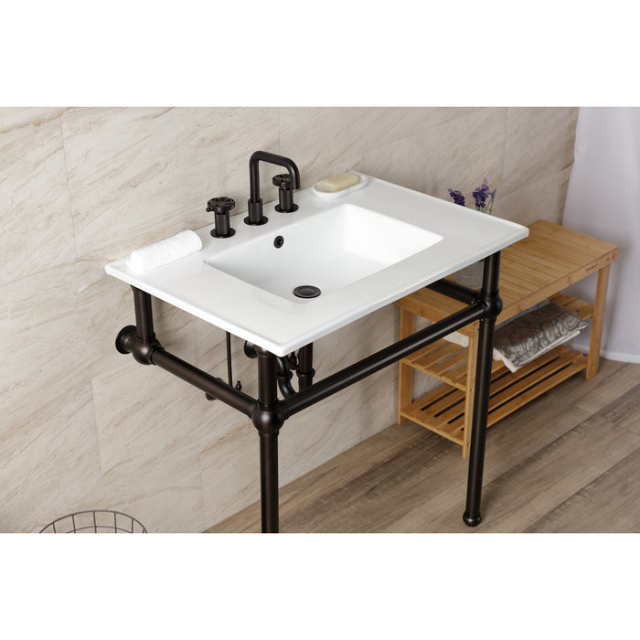 Kingston Heirloom KVBH31227W8B5 - Templeton 31-Inch Ceramic Console Sink with Brass Legs (8-Inch, 3-Hole), White/Oil Rubbed Bronze