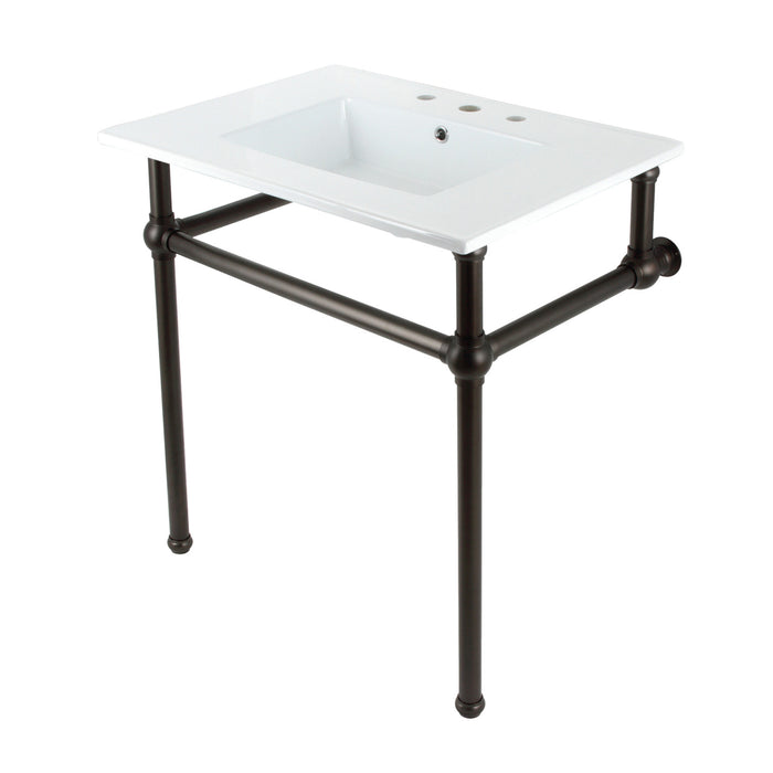 Kingston Heirloom KVBH31227W8B5 - Templeton 31-Inch Ceramic Console Sink with Brass Legs (8-Inch, 3-Hole), White/Oil Rubbed Bronze