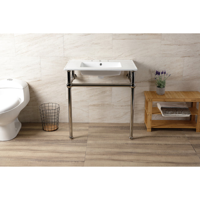 Kingston Heirloom KVBH31227W8B6 - Templeton 31-Inch Ceramic Console Sink with Brass Legs (8-Inch, 3-Hole), White/Polished Nickel