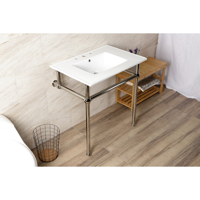 Kingston Heirloom KVBH31227W8B6 - Templeton 31-Inch Ceramic Console Sink with Brass Legs (8-Inch, 3-Hole), White/Polished Nickel