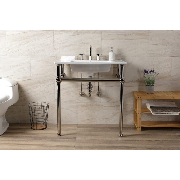 Kingston Heirloom KVBH31227W8B6 - Templeton 31-Inch Ceramic Console Sink with Brass Legs (8-Inch, 3-Hole), White/Polished Nickel